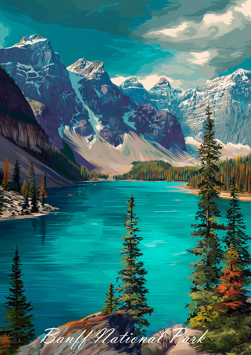 Dramatic artwork of Banff National Park featuring turquoise waters and majestic mountains.
